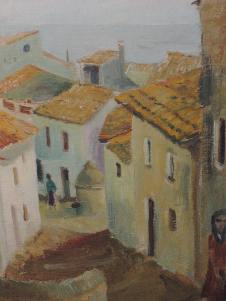 An oil painting on board, Auld, Mediterranean street, indistinctly signed and dated 1954, 34 x 29cm,