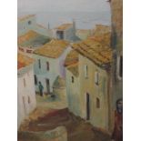 An oil painting on board, Auld, Mediterranean street, indistinctly signed and dated 1954, 34 x 29cm,