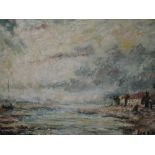 An oil painting on board, J W Taylor, Sunderland Point, signed and attributed verso, 47 x 66cm,