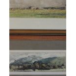 A watercolour, military camp. 13 x 22cm, and a watercolour, landscape, 9 x 28cm, framed and glazed