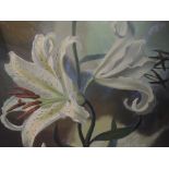 An oil painting on board, attributed to Tuson, lillies, signed and dated 1962 verso, 27 x 32cm,