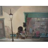 An oil painting onboard, Deborah Jones, Mrs Sweetbriar, antique shop, 30 x 75cm, signed, framed