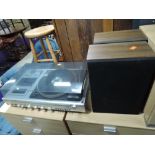 A vintage Ferguson Studio 100D table top radiogram and pair of speakers