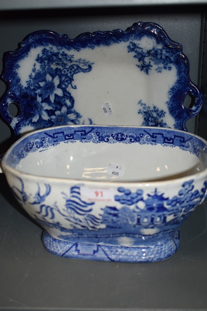 Two pieces of blue and white wear including blue flo charger and Staffordshire tureen