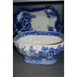 Two pieces of blue and white wear including blue flo charger and Staffordshire tureen