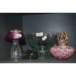 A mixed lot of glass including pink hued iridescent toadstool, perfume bottle,paperweight and bowl.
