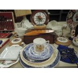 A selection of ceramics and curios including white glaze tea cup and saucer sets