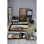 A selection of costume jewellery including vintage diamante necklaces, metal casket containing