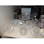 A selection of clear cut glass wares including Stuart brandy glasses with box and heavy set candle