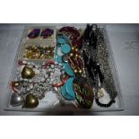 A selection of costume jewellery necklaces and earrings including a pair of Trifari clip back (AF)