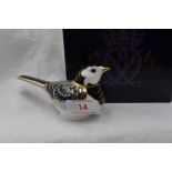 A Royal Crown Derby Pied Wagtail paperweight, boxed with gold stopper