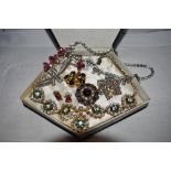 A small selection of vintage diamante jewellery including Austrian necklace, brooches etc