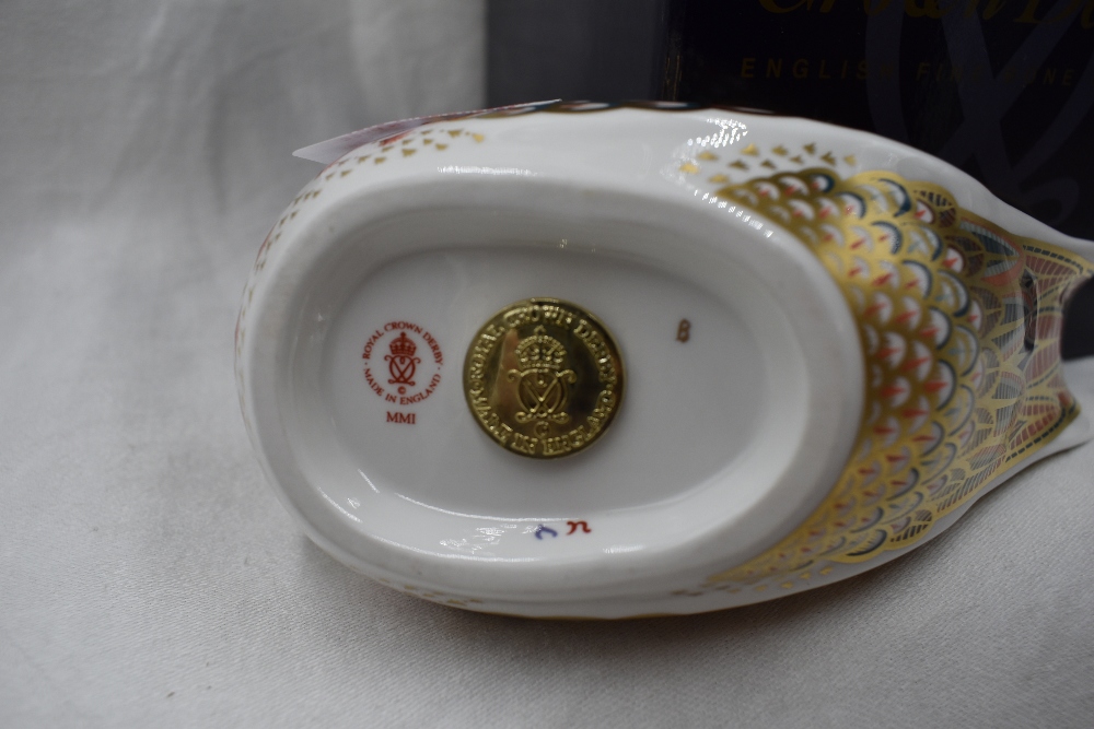 A Royal Crown Derby Turtle Dove paperweight, boxed with gold stopper - Image 2 of 2