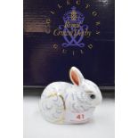 A Royal Crown Derby Collectors Guild Bunny paperweight, boxed with gold stopper