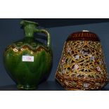 An unusual Minton Majollica style vase or lantern having incised floral outer body with inner (AF)
