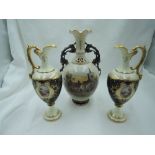 a pair of Coalport mantle urns with high gilt decoration and similar Vienna vase