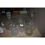 A selection of clear cut and leaded glass wares including named decanter