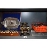 A selection of fine cutlery and flat wares including cased bone handled and Maple