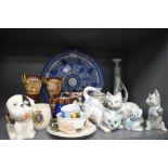 A selection of ceramics including Crown Devon Dog two Vienna mantle garnitures etc