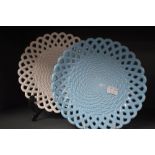 Two Victorian Sowerby vitro porcelain/milk glass plates having basket weave design, one in blue