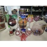A selection of colour art glass including cut and etched glasses