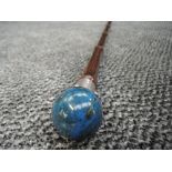 A bamboo walking cane with HM knopp ( marks worn ) holding polished ball handle Lapis Lazuli