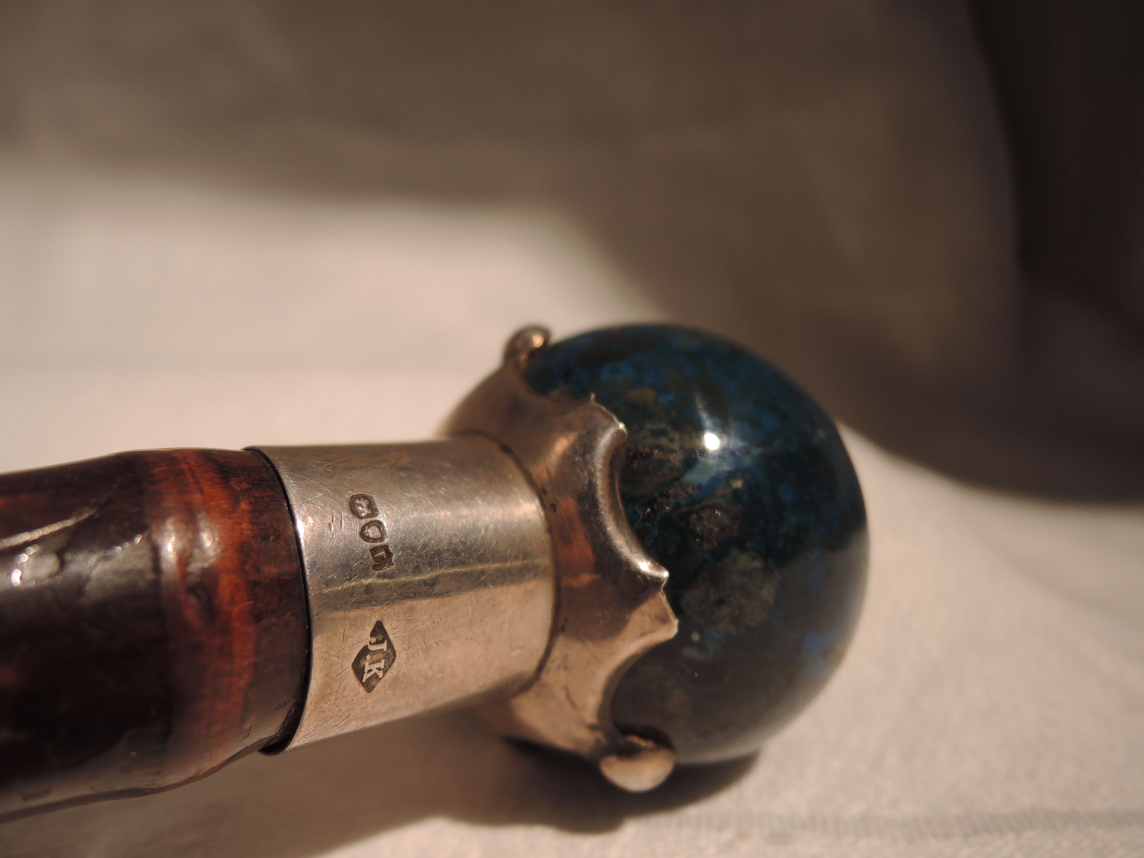 A bamboo walking cane with HM knopp ( marks worn ) holding polished ball handle Lapis Lazuli - Image 2 of 3