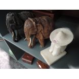 Two heavy ethnic wood hand carved Indian tribal Elephants and similar stone/ marble figure