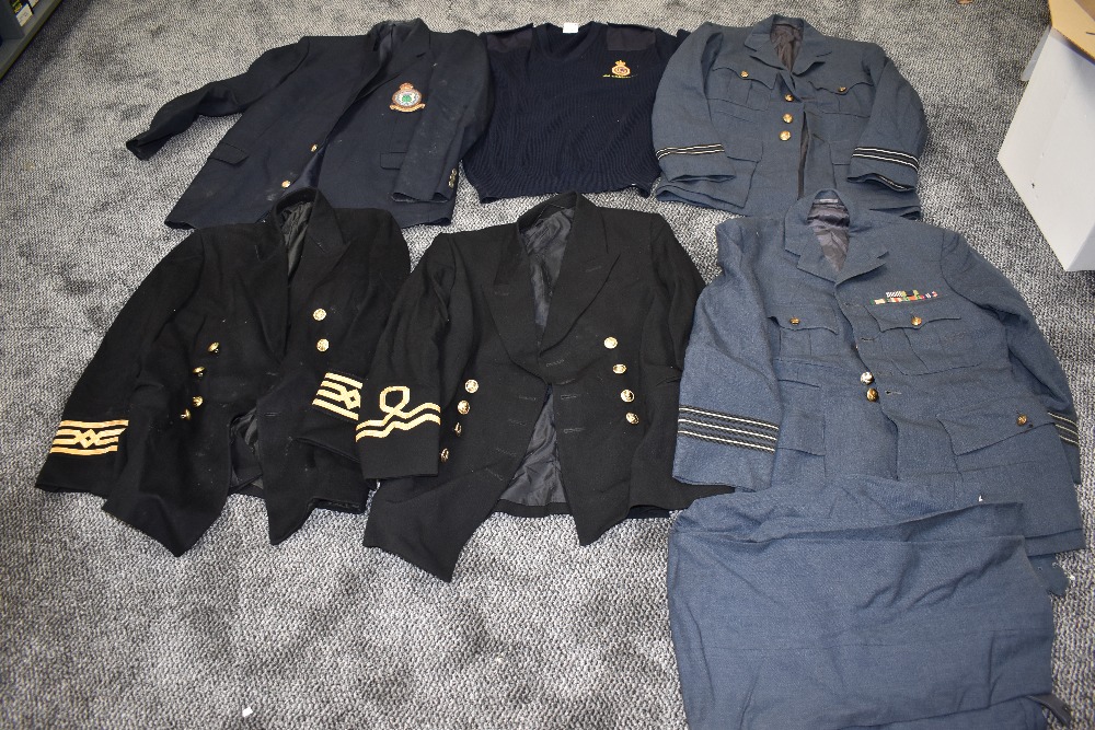 A RAF Jacket, an Air Force Blazer with 77 Bomber Squadron Badge, two Naval Jackets and a