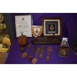 A collection of treen including wooden Battleship, Tobacco Jar with 1916 Shell base, Horse Shoe