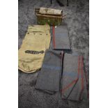 Three grey woollen blankets 1941 x2 and 1943, canvas kit bag, 1943 metal Ammo Tin and a folding