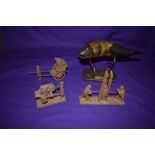 Four pieces of Asian Art, a model of a fish made out of horn on brass stand, Saigon 1943, three