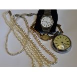 A small selection of costume jewellery including simulated pearls, lady's Rotary wrist watch,