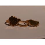 Two 9ct gold signet rings, both size Q and a 9ct gold wedding band, size N, total approx 11.6g