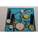 A selection of wrist, pocket and brooch watches including Waltham gold plated pocket watch,