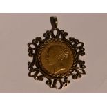 An 1860 gold shield sovereign in a removable 9ct gold decorative pendant mount, approx 13.4g