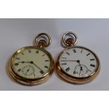 Two gold plated top wound pocket watches by Waltham nos: 8929643 & 14808988, both having Roman