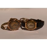 Two lady's vintage 9ct gold wrist watches having Arabic numeral dials with rolled gold and leather