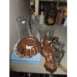 A selection of table wares including copper jelly molds and glass vase etc