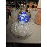 A variety of glass including fruit bowl,vases and more, also a blue and white ginger jar.