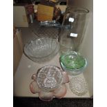 A selection of clear cut and colour glass wares including fruit bowls vase and tray