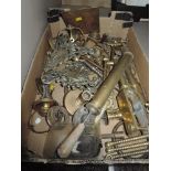 A selection of brass fixtures and fittings including hardware and decorations