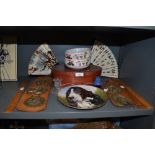 A variety of items including horse brasses, display plate, wooden rules and fans.