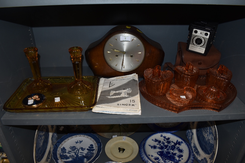 A selection of vintage items including colourful pressed glass dressing table sets,Conway camera and