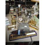 A mixed lot of plated ware and brass amongst which are desk top calendars, jewellery box, bon bon