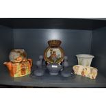 A mixed lot of vintage items including blue glass art deco dressing table set, Arthur wood tea pot