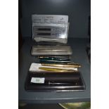 A selection of pens including Parker and gold plated BNP fountain pen.