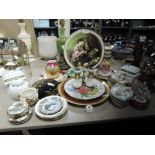 A varied lot of ceramics including Dresden lace figure, trinket dishes, plates and more.