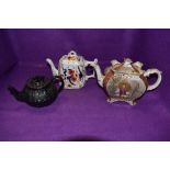 A Burleigh chinoiserie tea pot, a basalt tea pot with spaniel to lid and another having floral