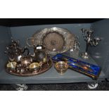 A selection of plated ware and similar including ornate boxed fish servers,tray, candle stick holder